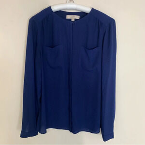 Ann Taylor Loft Navy Blue Long Button Front Sleeve  Blouse M